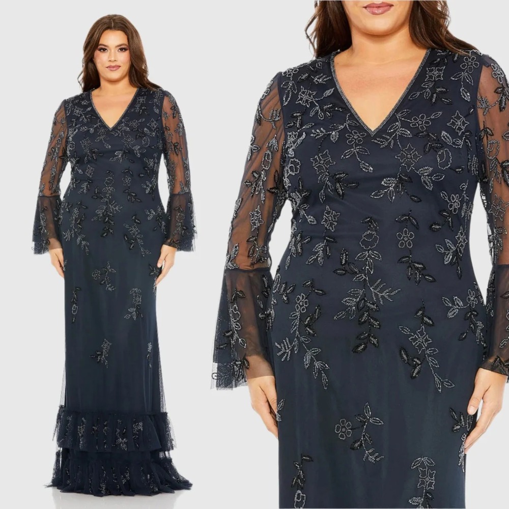 NWT‎ MAC DUGGAL Navy V Neck Embellished Long Sleeve Gown Dress 9239 24W